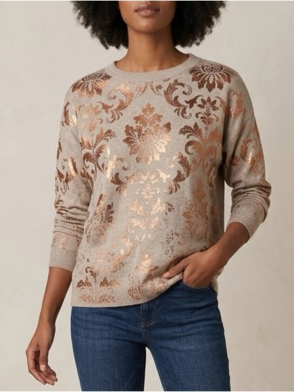 One World Sand Gold Metallic Foil Damask Sweater Drop Shoulder Knit Medium